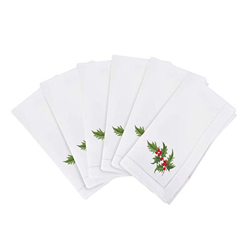 Embroidered Holly Leaf Square Hemstitched Border Cotton Napkin, Set of 6, 20" x 20", White