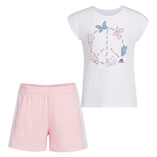 Girls' Baby 2 Piece Cotton French Terry Short Set, White with Light Pink, 3 Months