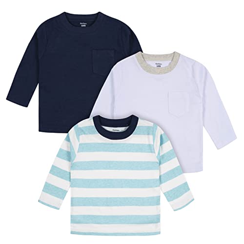Baby Boys  3-Pack Long Sleeve Pocket Tees, Blue Stripes   Solids, 3-6 Months