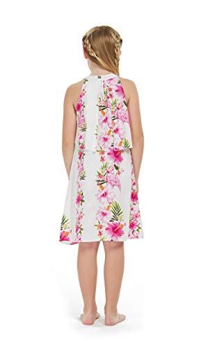 Girl Hawaiian Round Neck with Ruffle Dress in Pink Hibiscus Vine Size 8