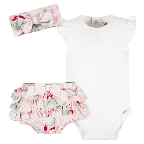 Baby Girls 3-Piece Short Sleeve Onesies, Diaper Cover & Headband Set, Pink Rose, 6-9 Months
