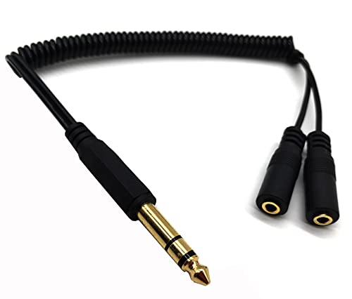 1/4 to Dual 1/8 Y Cable, Coiled 6.35mm TRS Male Stereo Plug to 2 x 3.5mm Female Spiral Splitter Audio Cable for Laptop, CD Players,Mixer, Home Stereo Systems and More (6.35 M to 2x3.5 F)