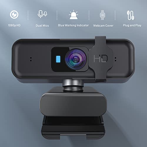 USB 1080P HD Pro Webcam - with Auto Focus, Privacy Screen, and Dual Microphone, 360 Rotating Streaming Webcam for Computer, Skype, YouTube Video, Conference, Online Courses, Black