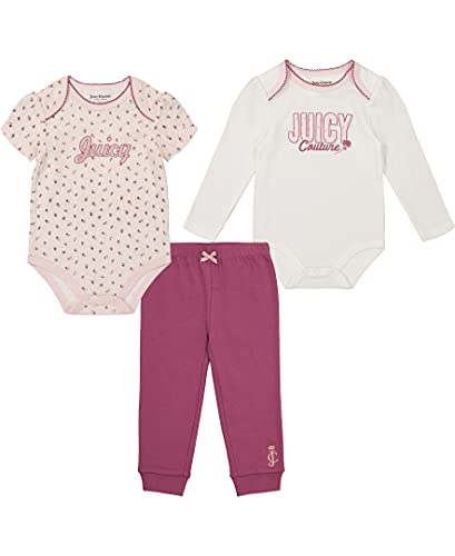Baby Girls' 3 Pieces Bodysuit Pants Set, Rose Water/Egret, 0-3 Months