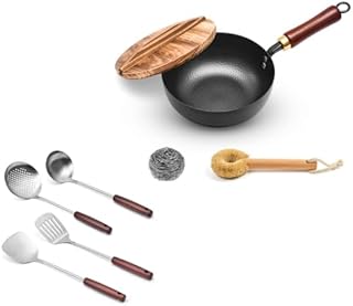 Set of four kitchen utensils with wooden handles and a 7.8-inch iron sauce pan