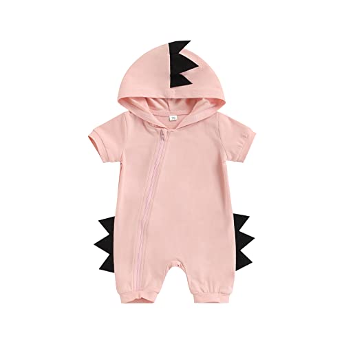 Toddler Baby Boy Girl Dinosaur Hoodies Romper Short Sleeve Zipper Jumpsuit Summer Bodysuit 6 9 12 18 Months  Pink, 0-6 Months