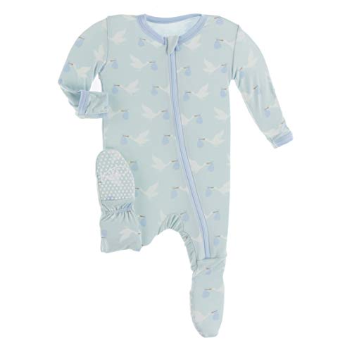 Welcome Home Footie with Zipper, Boy or Girl One-Piece, Super Soft Baby Clothes (Spring Sky Stork - 0-3 Months)