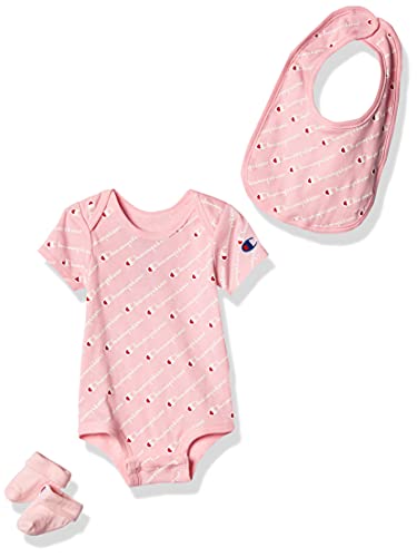 Baby Print Infant 3-pc Box Includes a Body Suit, a Bib OR Hat and Pair of Booties in Multiple Colors, All Over Script-Pink 682, 0-6 Months