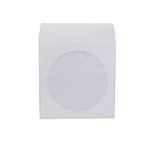 1,000 Pieces White Paper CD DVD Sleeves Envelope Holder with Clear Window and Flap, 80g Economy Weight.