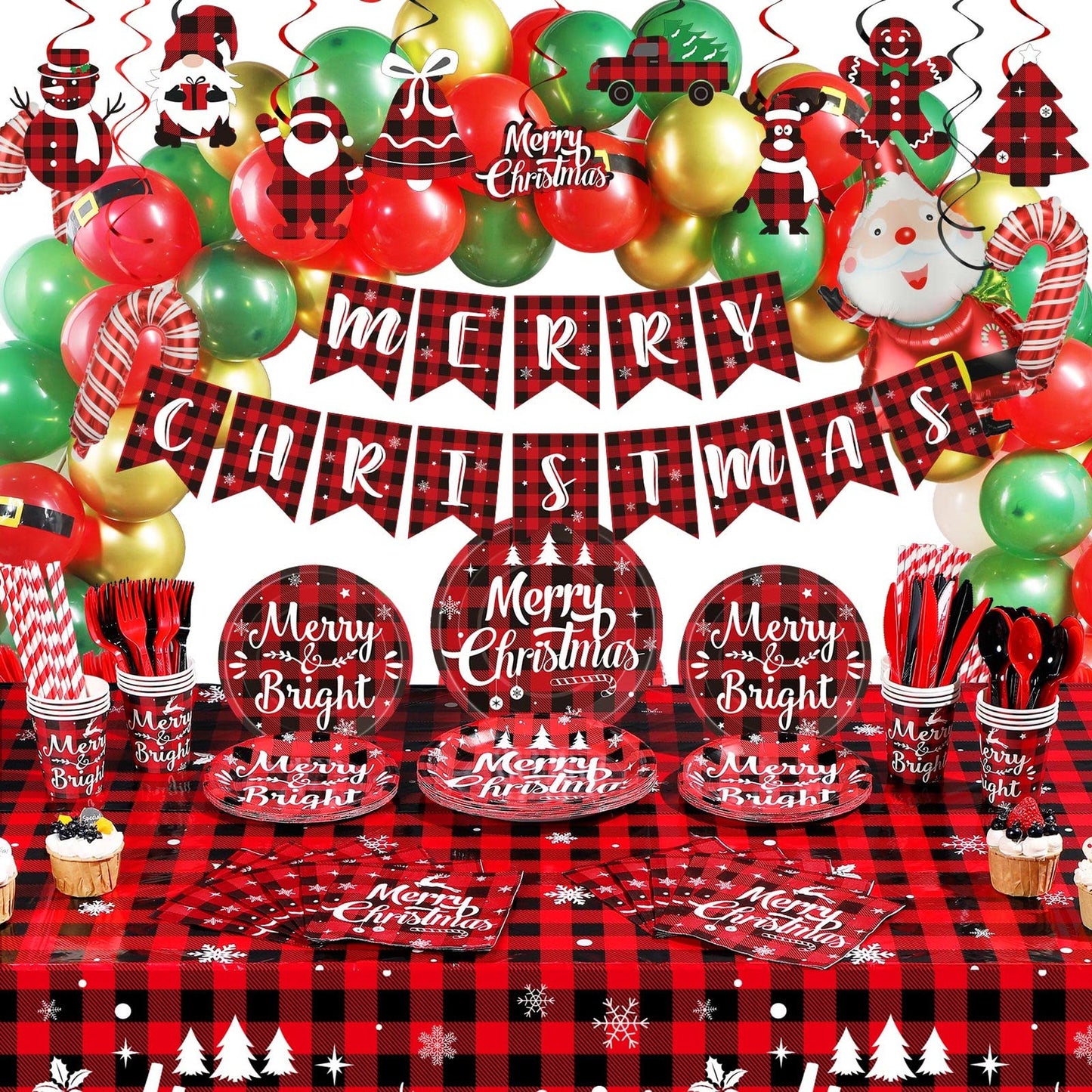Festive Plaid Party Pack - 300 Piece Set for Xmas Dinner Party Supply. Includes Tableware, Tablecloth, Plates, Banner, Balloon, and Swirl Decor. Serves 24.