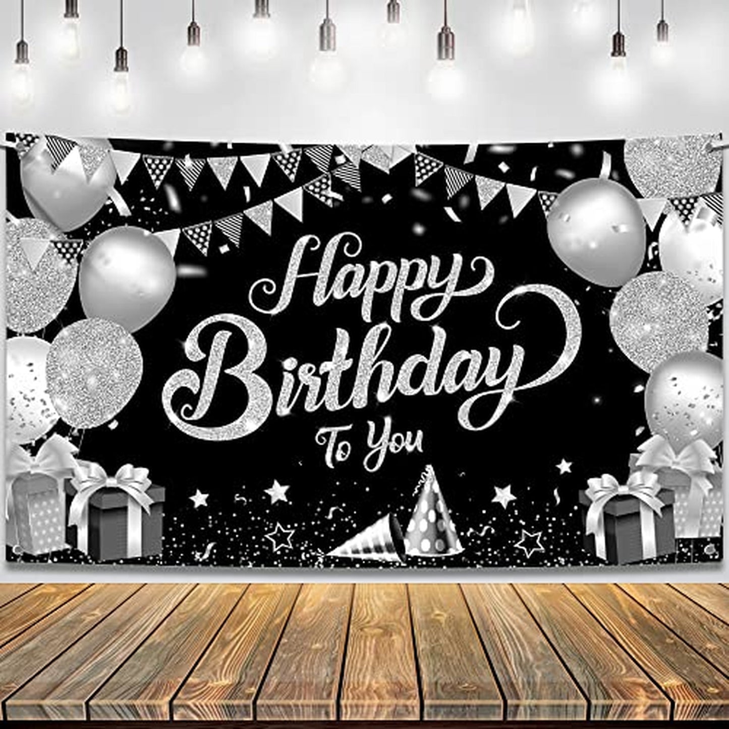 Happy Birthday Monochrome Banner - XL 72x44 Inch Black & Silver Party Decorations for Men & Women - Large Black White Silver Birthday Supplies