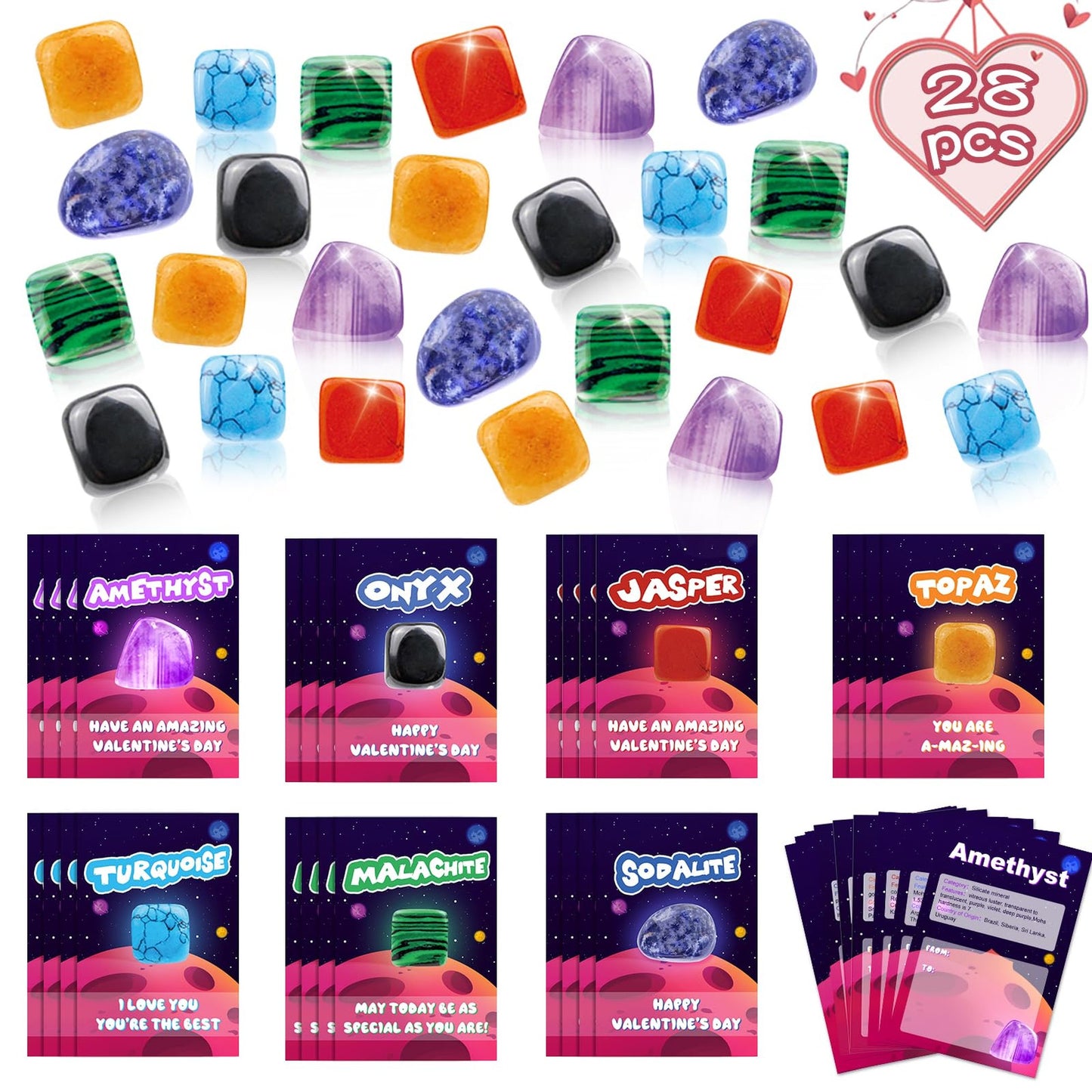 Valentine's Rocks & Cards Collection - 28 Pack Ore Minerals Kit for Kids. Perfect Exchange Cards for Boys & Girls School Classroom Party Favors.