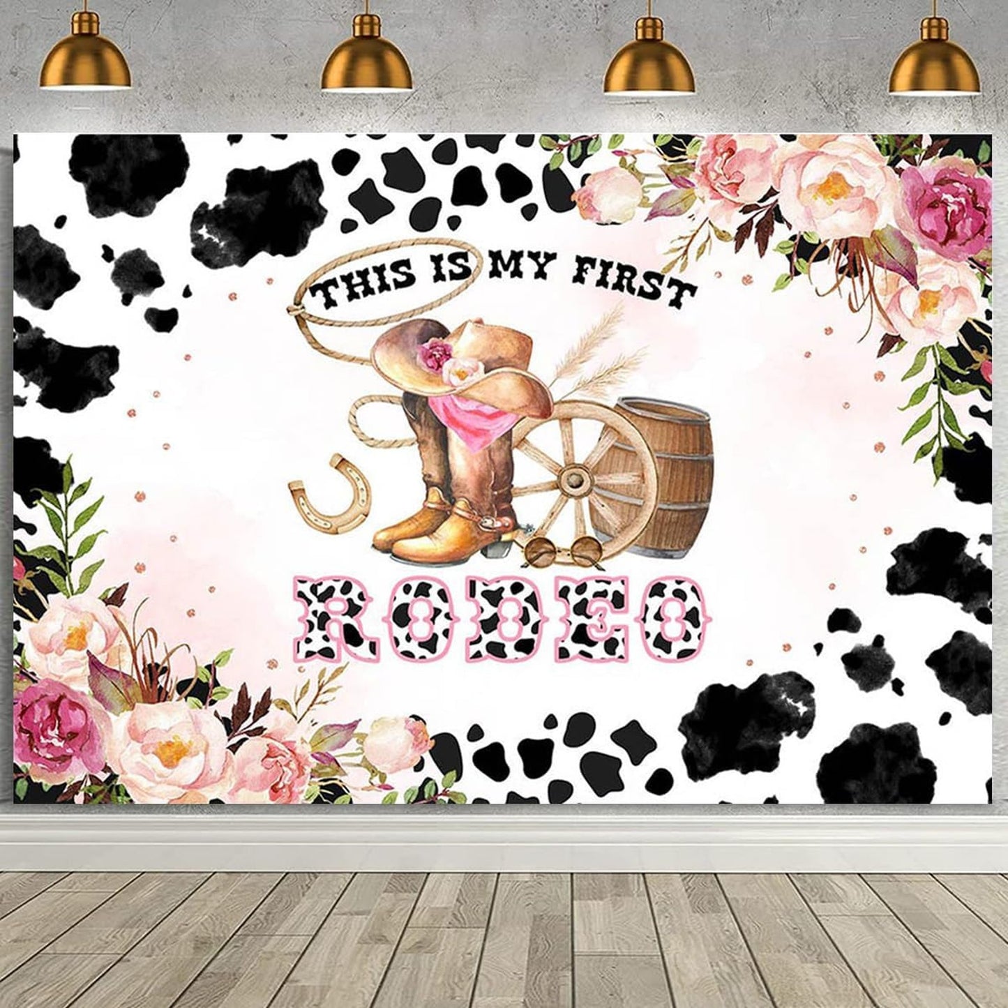 Cowgirl Rodeo Birthday Banner - Wild West Theme Party Decoration for Girls - Cow Print Background - 1st Birthday Party Supplies - 8X6FT Banner