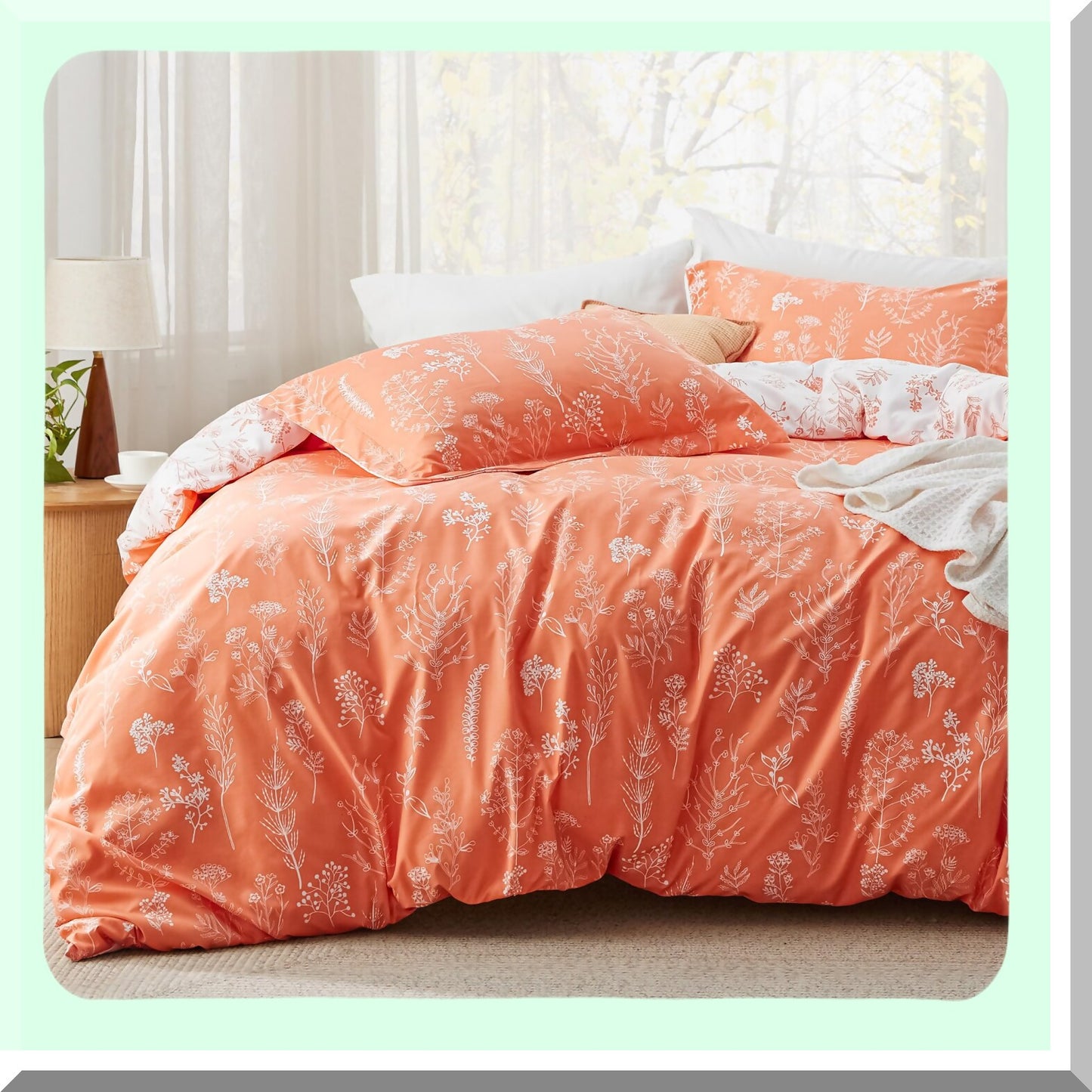 Coral Orange Floral Comforter Set - Botanical Flowers Bedding Ensemble - Soft Reversible 3-Piece Comforter with Pillow Shams - Cute and Cozy Bedroom Decor