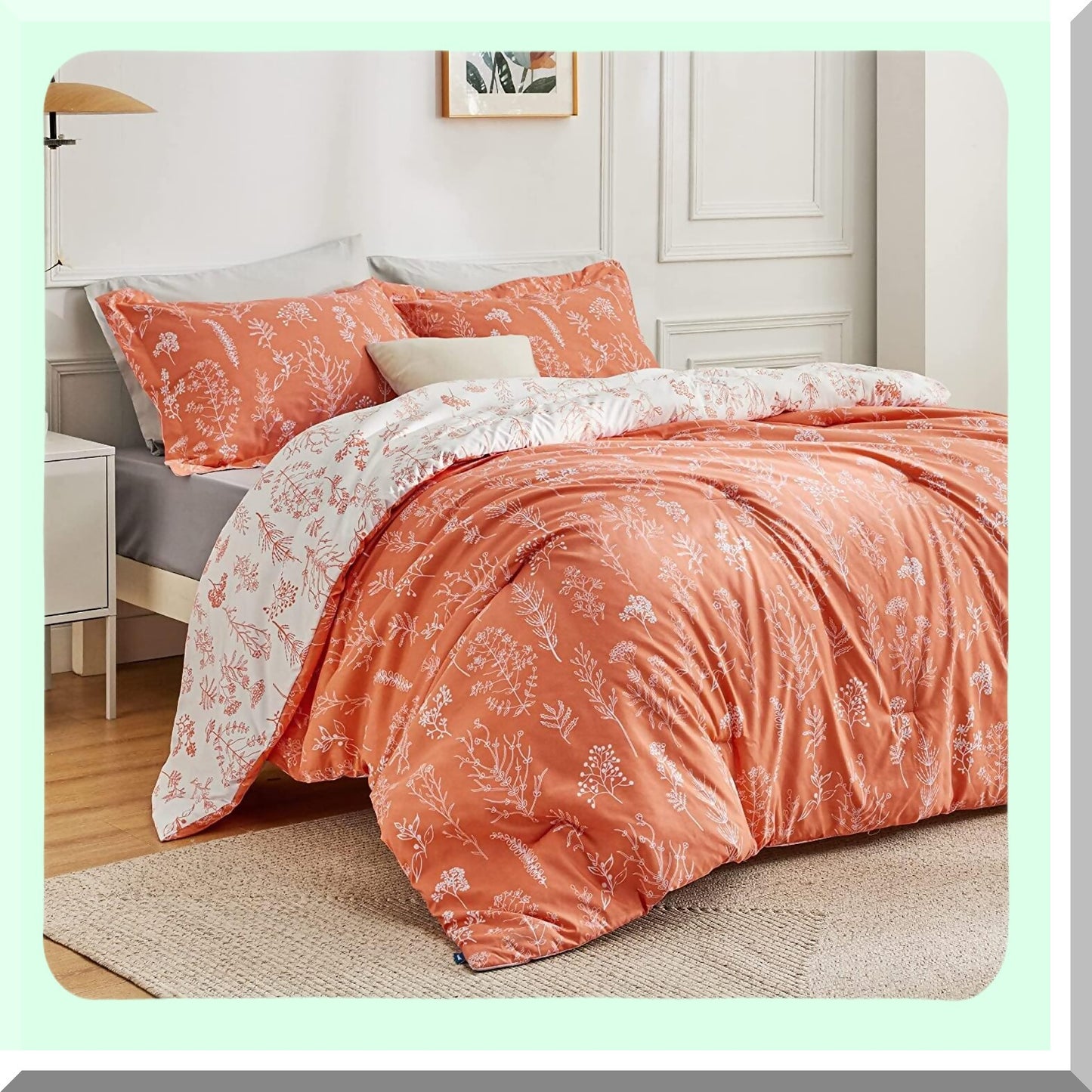 Coral Orange Floral Comforter Set - Botanical Flowers Bedding Ensemble - Soft Reversible 3-Piece Comforter with Pillow Shams - Cute and Cozy Bedroom Decor