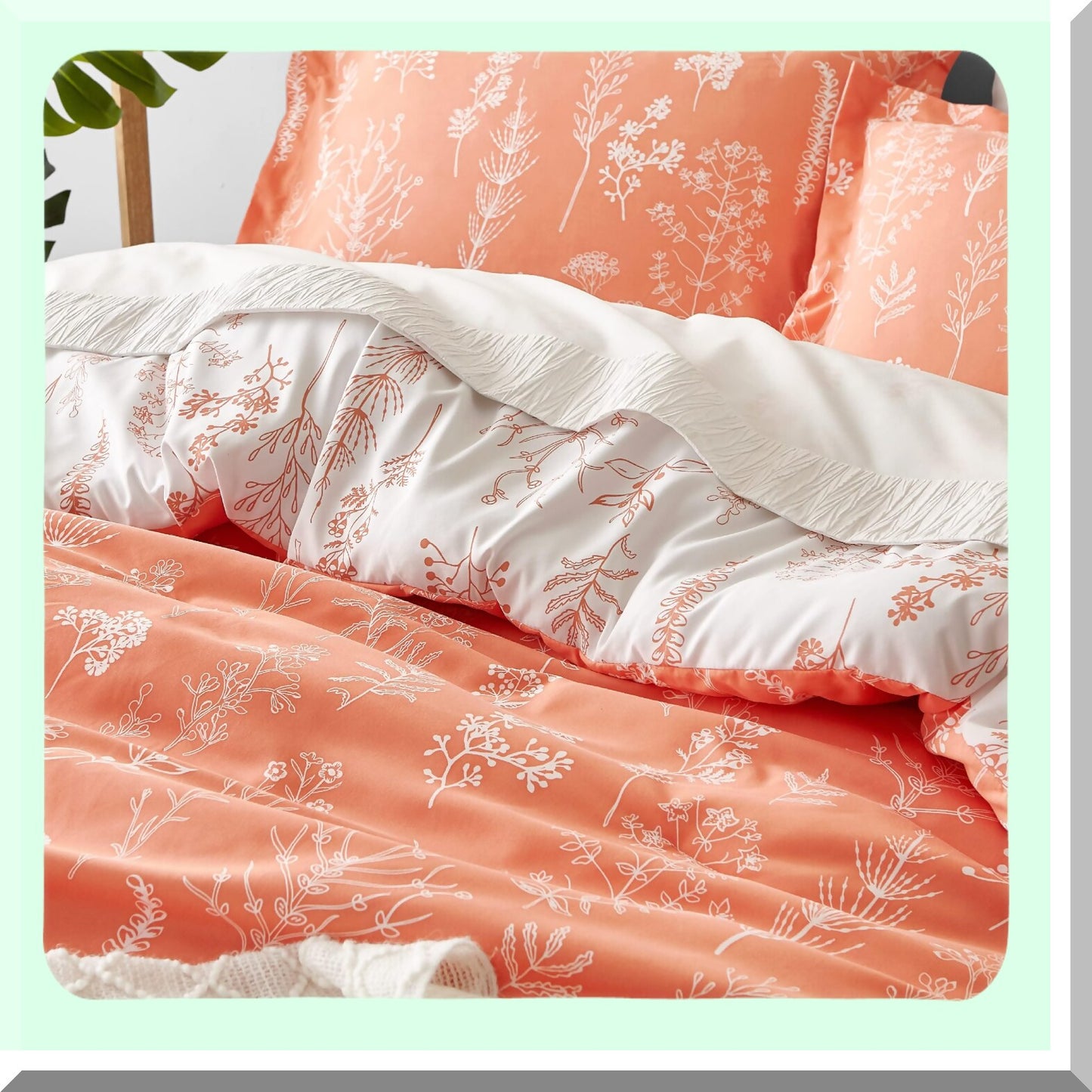 Coral Orange Floral Comforter Set - Botanical Flowers Bedding Ensemble - Soft Reversible 3-Piece Comforter with Pillow Shams - Cute and Cozy Bedroom Decor