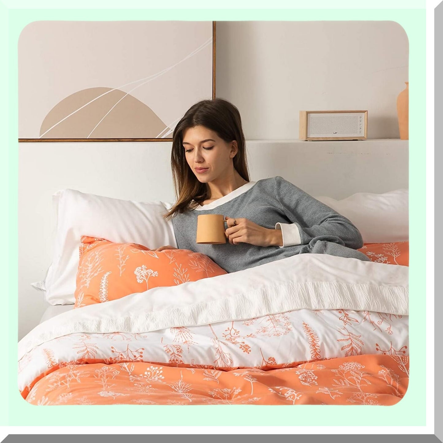 Coral Orange Floral Comforter Set - Botanical Flowers Bedding Ensemble - Soft Reversible 3-Piece Comforter with Pillow Shams - Cute and Cozy Bedroom Decor