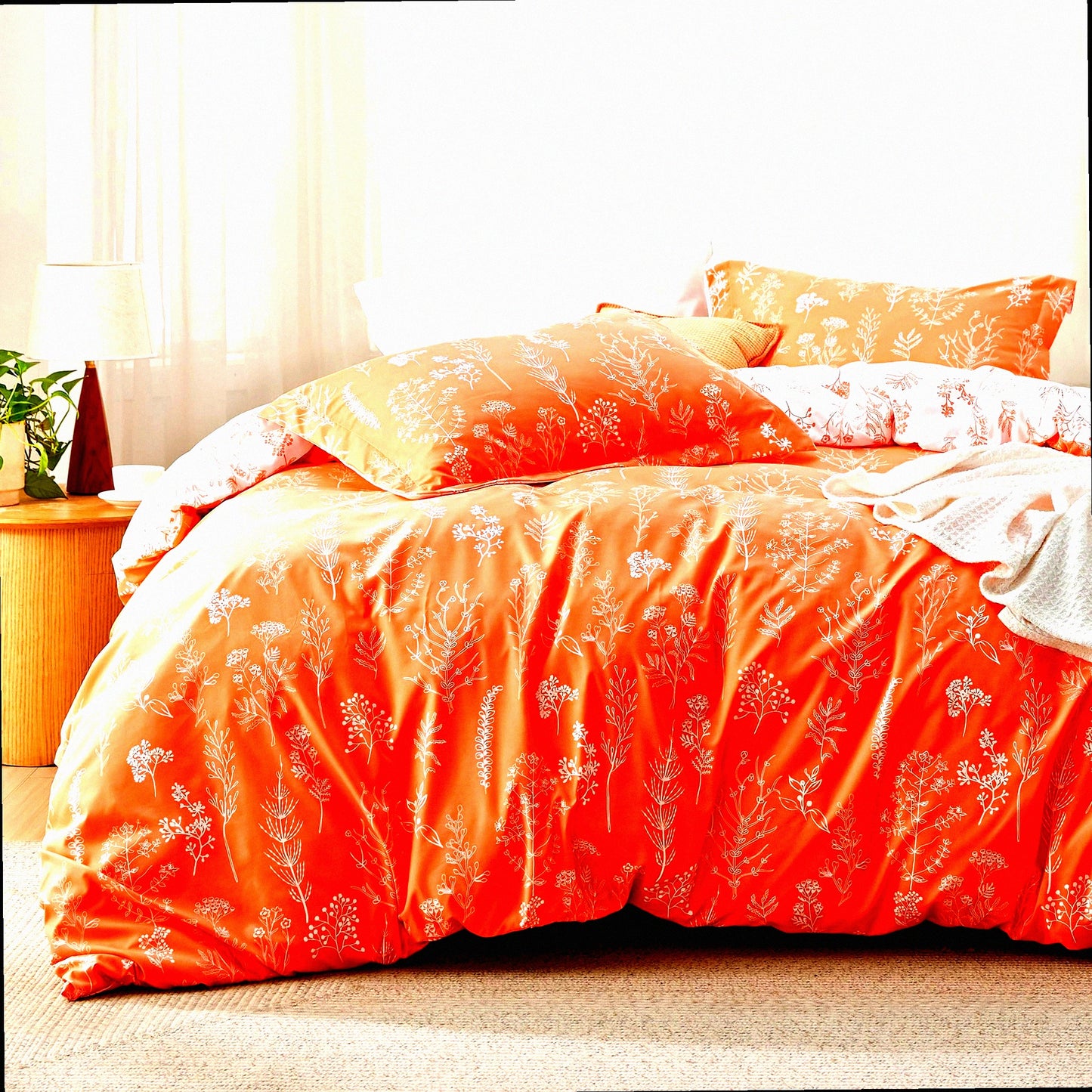 Coral Orange Floral Comforter Set - Botanical Flowers Bedding Ensemble - Soft Reversible 3-Piece Comforter with Pillow Shams - Cute and Cozy Bedroom Decor