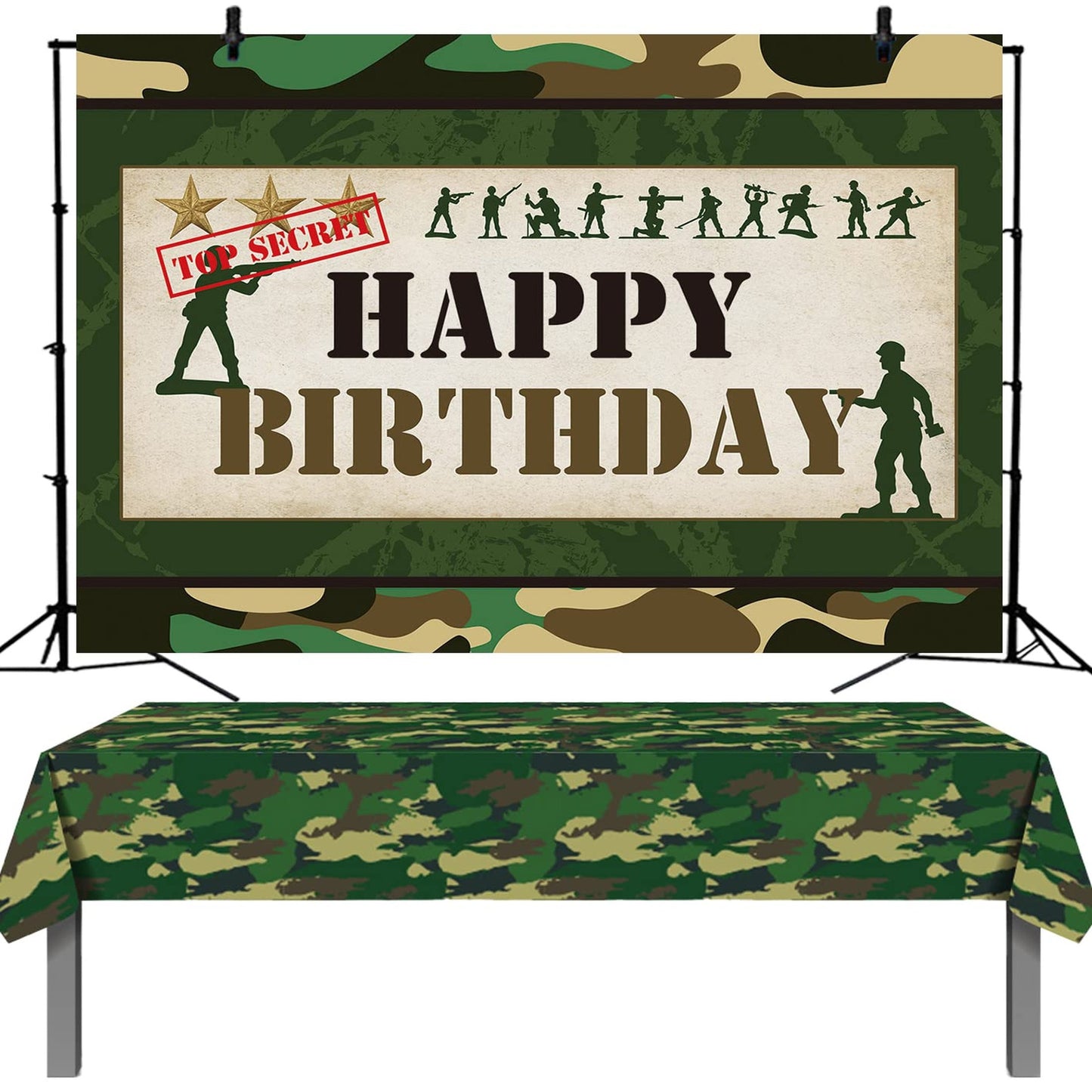Camouflage Soldier Birthday Party Set - Includes Backdrop, Tablecloth, Banner, Props - Military Theme Supplies for Cake Table Decoration - 2PCS