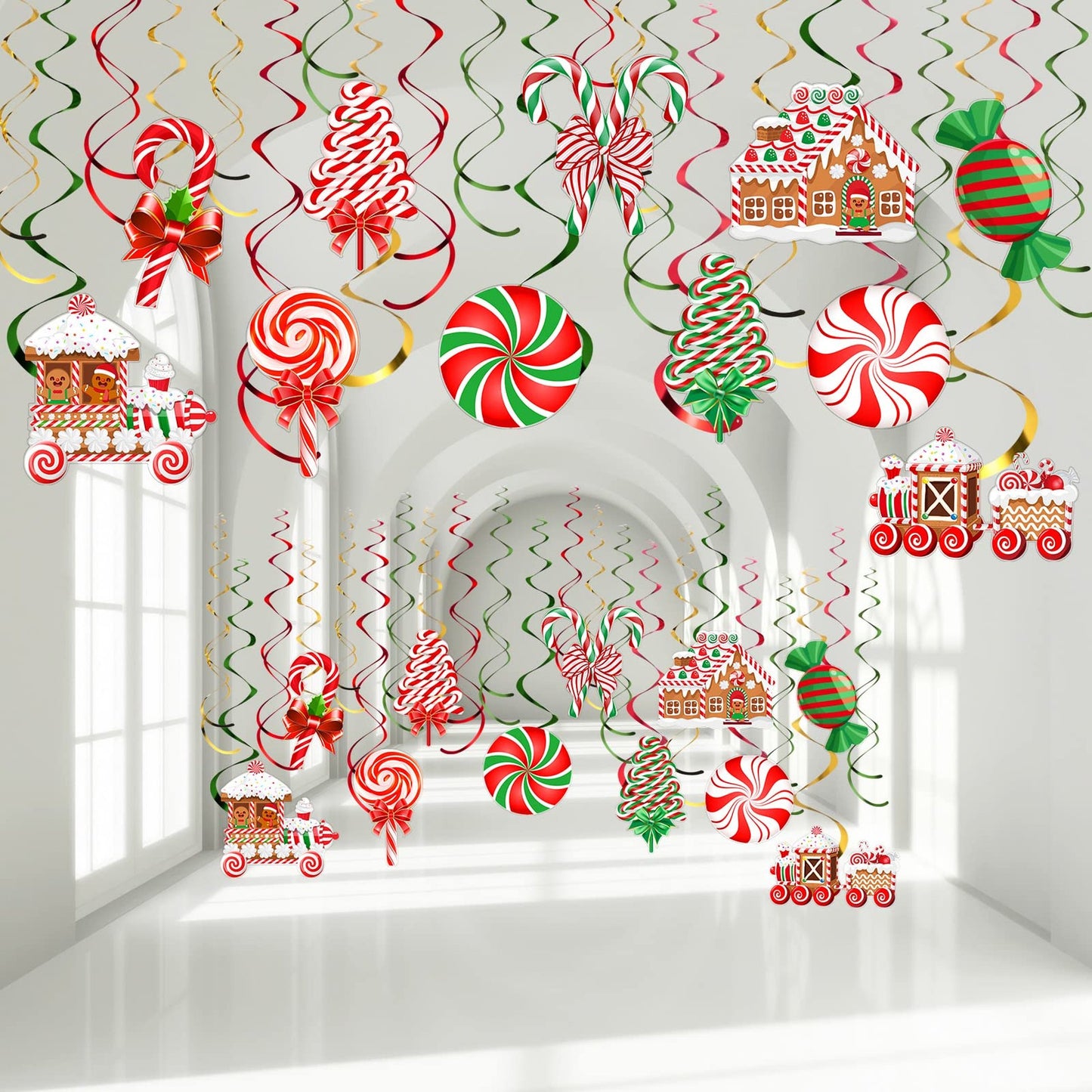 Candy Swirls Winter Party Decor Set - 30 Pcs Gingerbread House Hanging Streamers for Xmas Holiday Indoor Outdoor Decoration Supplies