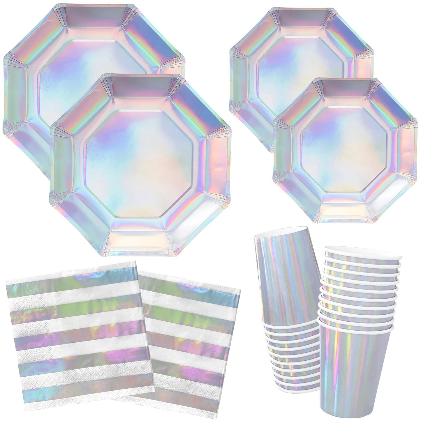 Rainbow Sparkle Party Pack - Iridescent Disposable Plates, Cups, Napkins for Unicorn & Mermaid Themed Events - Birthday, Wedding Decor - Serves 16
