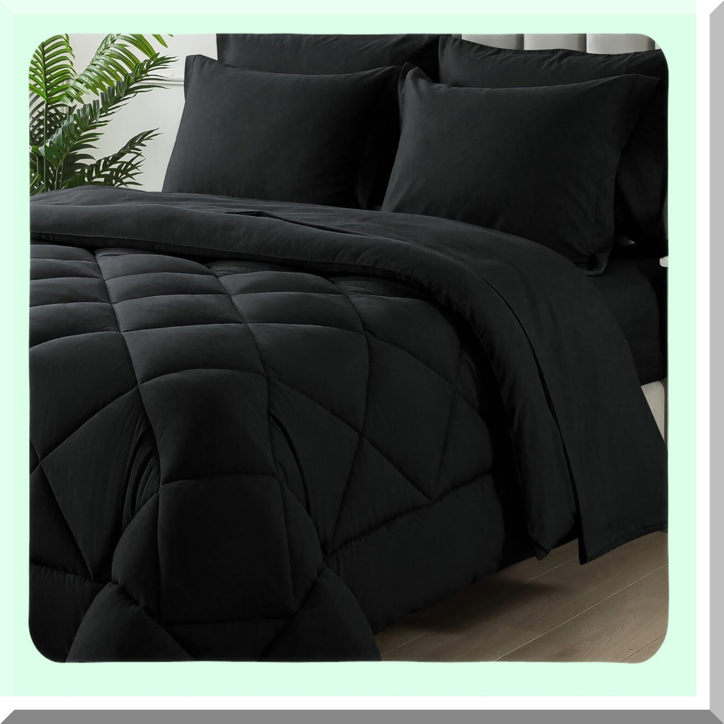 Luxury Black Queen Size Bedding Bundle - 7 Piece Comforter Set with Soft Quilted Lightweight Comforter, Flat Sheet, Fitted Sheet, 2 Pillow Shams, 2 Pillowcases - All Season Bed in a Bag