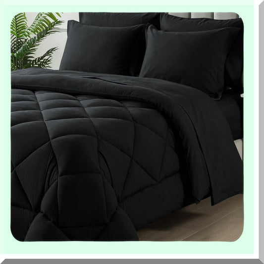 Luxury Black Queen Size Bedding Bundle - 7 Piece Comforter Set with Soft Quilted Lightweight Comforter, Flat Sheet, Fitted Sheet, 2 Pillow Shams, 2 Pillowcases - All Season Bed in a Bag