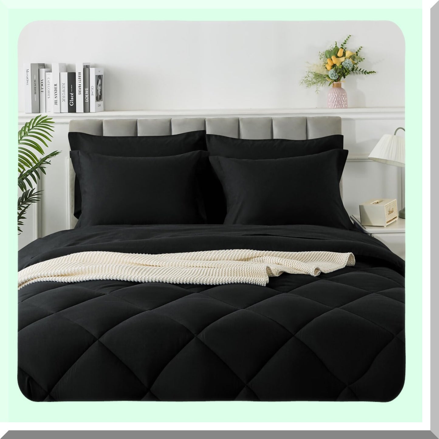 Luxury Black Queen Size Bedding Bundle - 7 Piece Comforter Set with Soft Quilted Lightweight Comforter, Flat Sheet, Fitted Sheet, 2 Pillow Shams, 2 Pillowcases - All Season Bed in a Bag