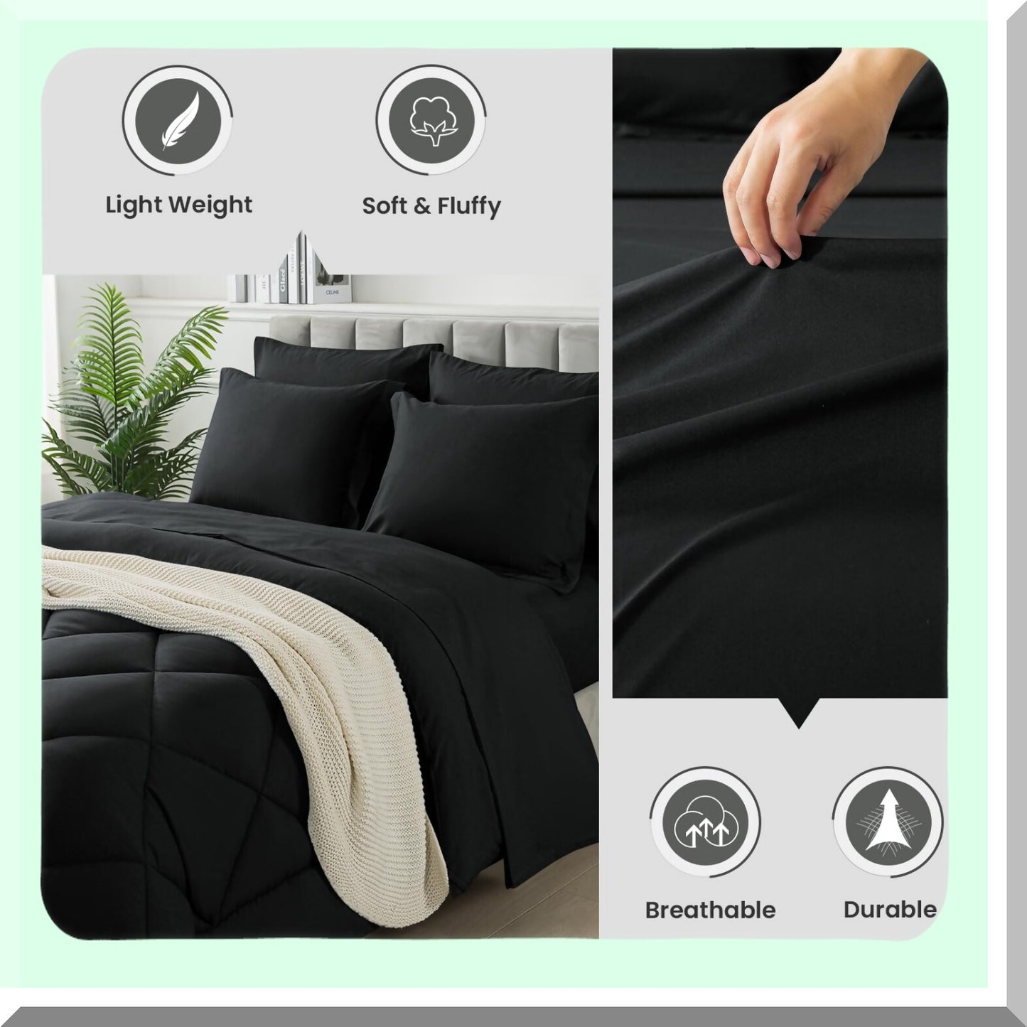 Luxury Black Queen Size Bedding Bundle - 7 Piece Comforter Set with Soft Quilted Lightweight Comforter, Flat Sheet, Fitted Sheet, 2 Pillow Shams, 2 Pillowcases - All Season Bed in a Bag