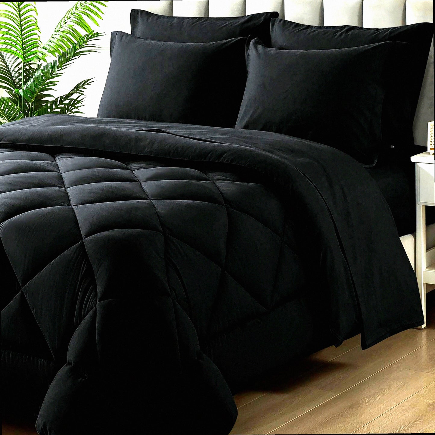 Luxury Black Queen Size Bedding Bundle - 7 Piece Comforter Set with Soft Quilted Lightweight Comforter, Flat Sheet, Fitted Sheet, 2 Pillow Shams, 2 Pillowcases - All Season Bed in a Bag