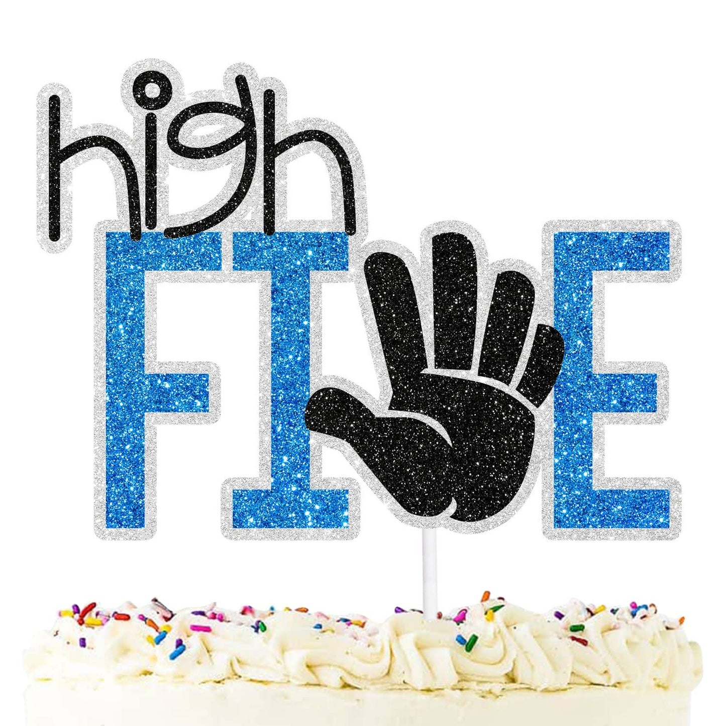 Glittery Blue 5th Birthday Cake Topper - Anniversary Theme Party Decoration for Child - Black Theme Supplies
