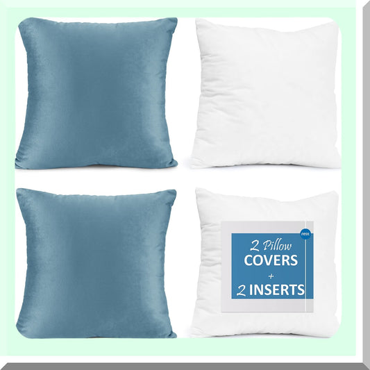 VelvetSoft Pillow Pack - 2 Inserts & Covers Set for Sofa, Couch, Car, Bedroom - 28x28 & 26x26 Washable Cushion Covers - Blue Heaven Decor