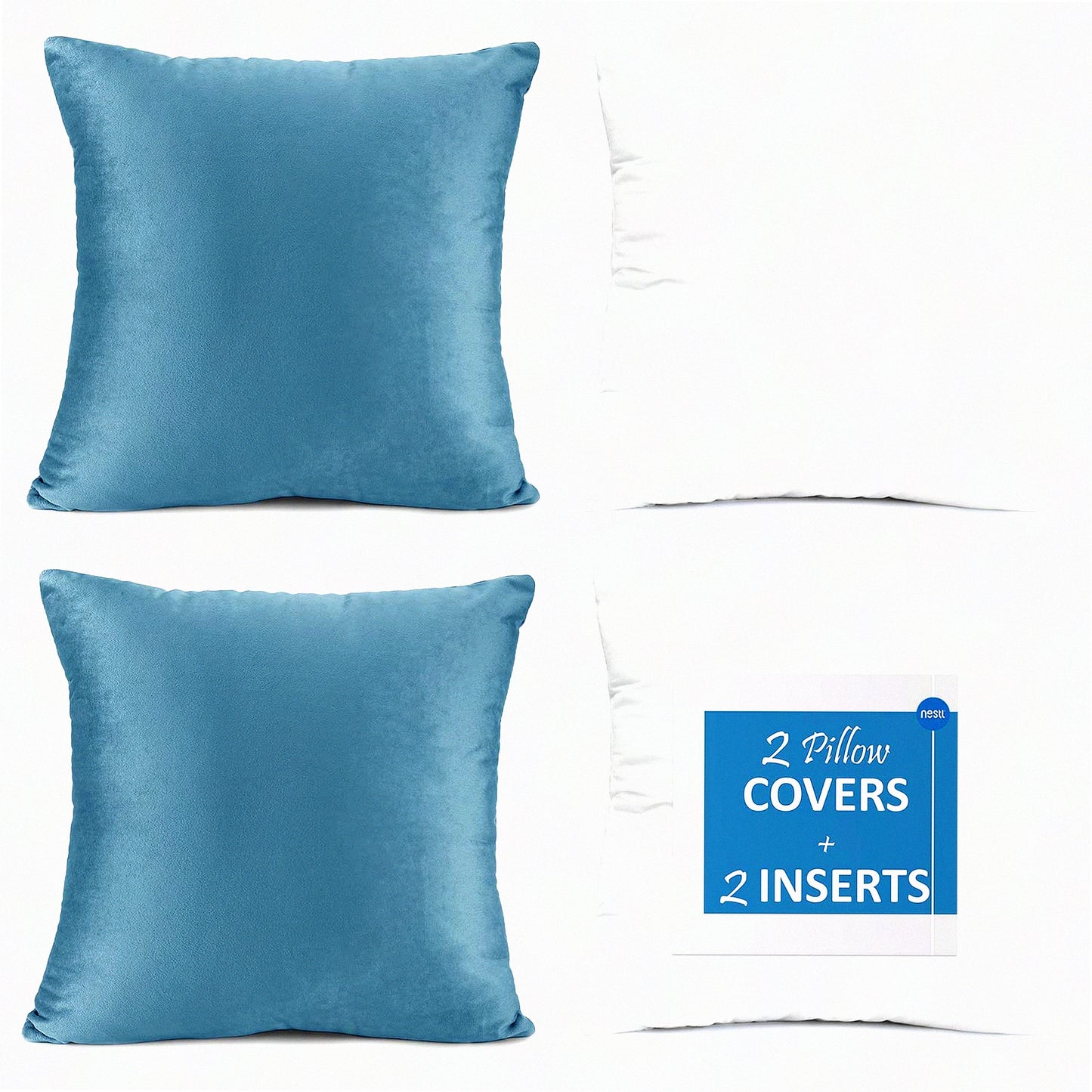 VelvetSoft Pillow Pack - 2 Inserts & Covers Set for Sofa, Couch, Car, Bedroom - 28x28 & 26x26 Washable Cushion Covers - Blue Heaven Decor