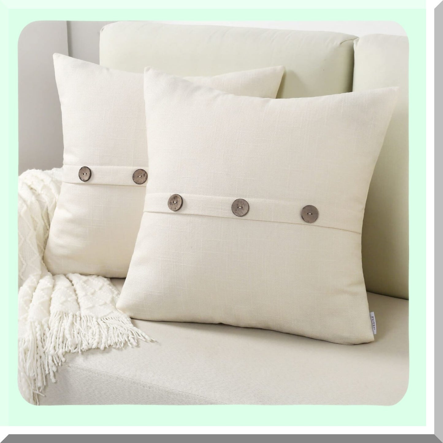 Vintage Farmhouse Linen Pillow Covers - Set of 2, 20x20 Inch Square Cushion Cases with Button/Zipper Closure - Cream White Decor for Couch and Bed