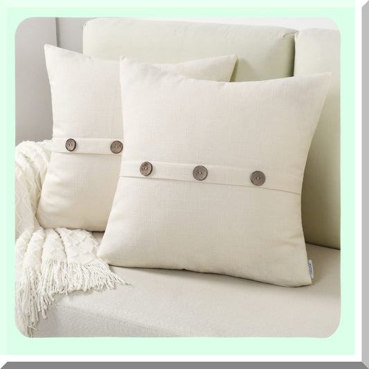 Vintage Farmhouse Linen Pillow Covers - Set of 2, 20x20 Inch Square Cushion Cases with Button/Zipper Closure - Cream White Decor for Couch and Bed