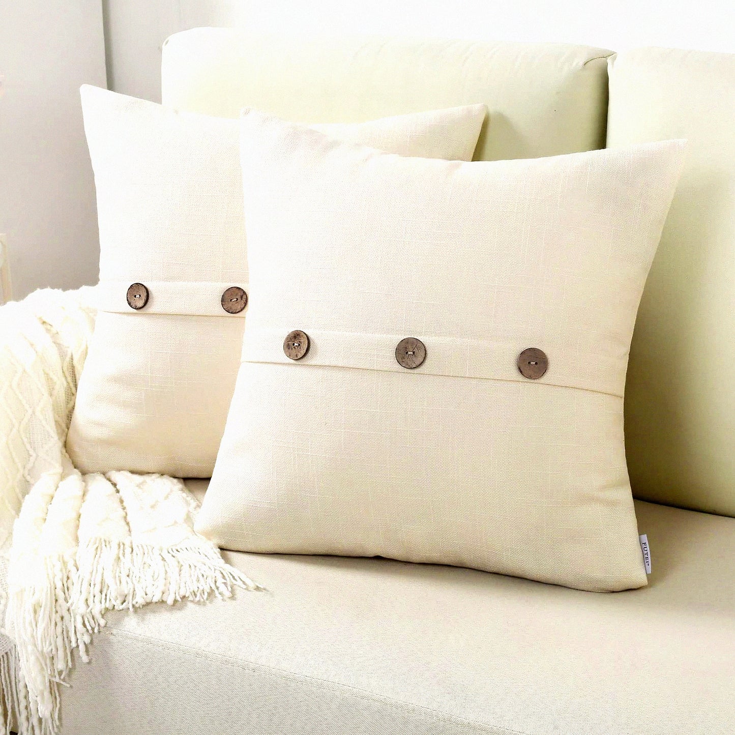 Vintage Farmhouse Linen Pillow Covers - Set of 2, 20x20 Inch Square Cushion Cases with Button/Zipper Closure - Cream White Decor for Couch and Bed