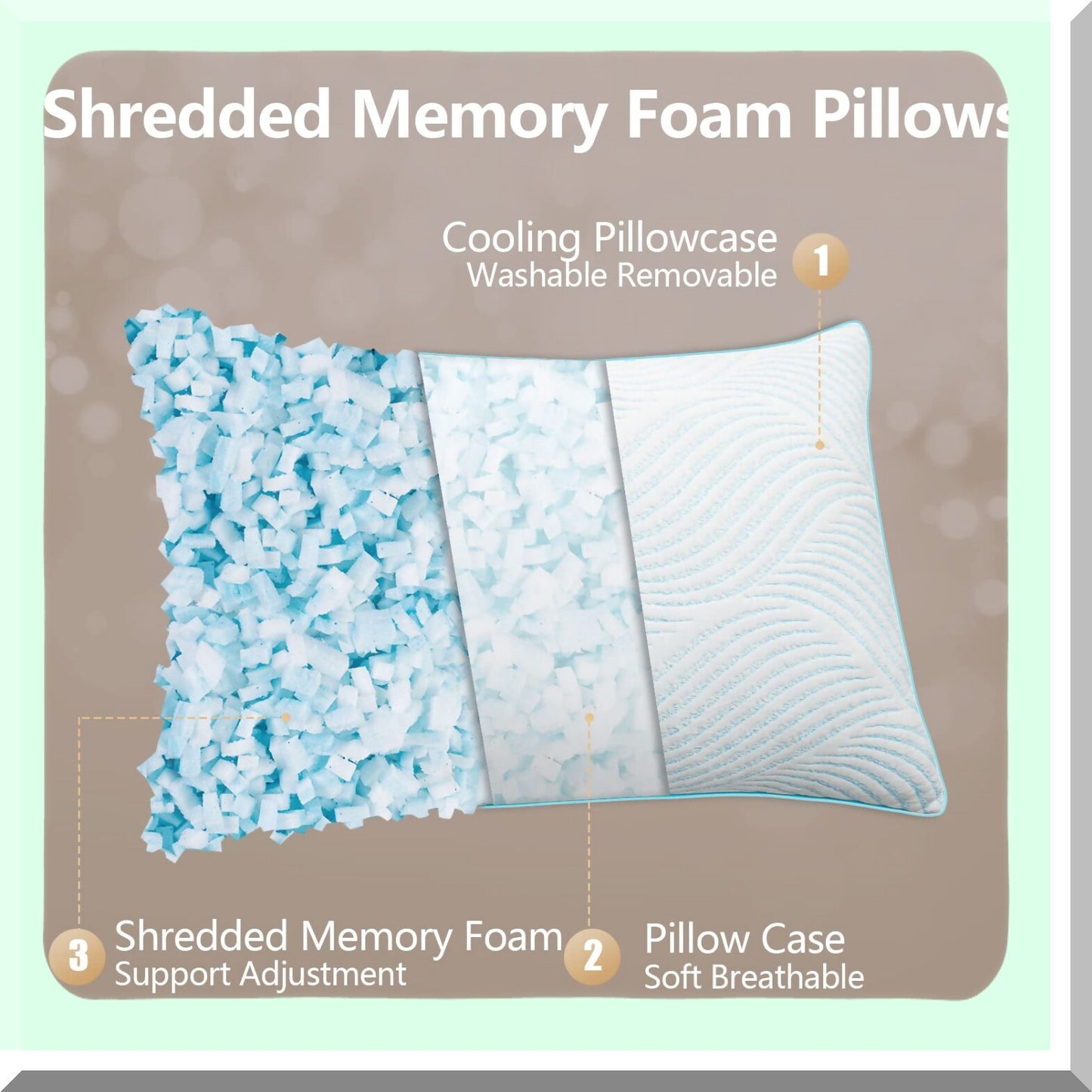 CoolDream Queen Size Memory Foam Pillow Set - 2 Pack Adjustable Firm Pillows for Back and Side Sleepers - Cooling Technology for Better Sleep