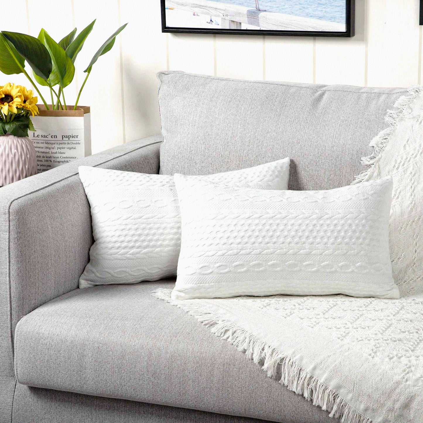 SuperSoft Lumbar Throw Pillow Covers - Set of 2 Modern Embossed Cushion Cases for Couch, Sofa, Bedroom, Car - 12x20 inch White Patterned Pillowcases