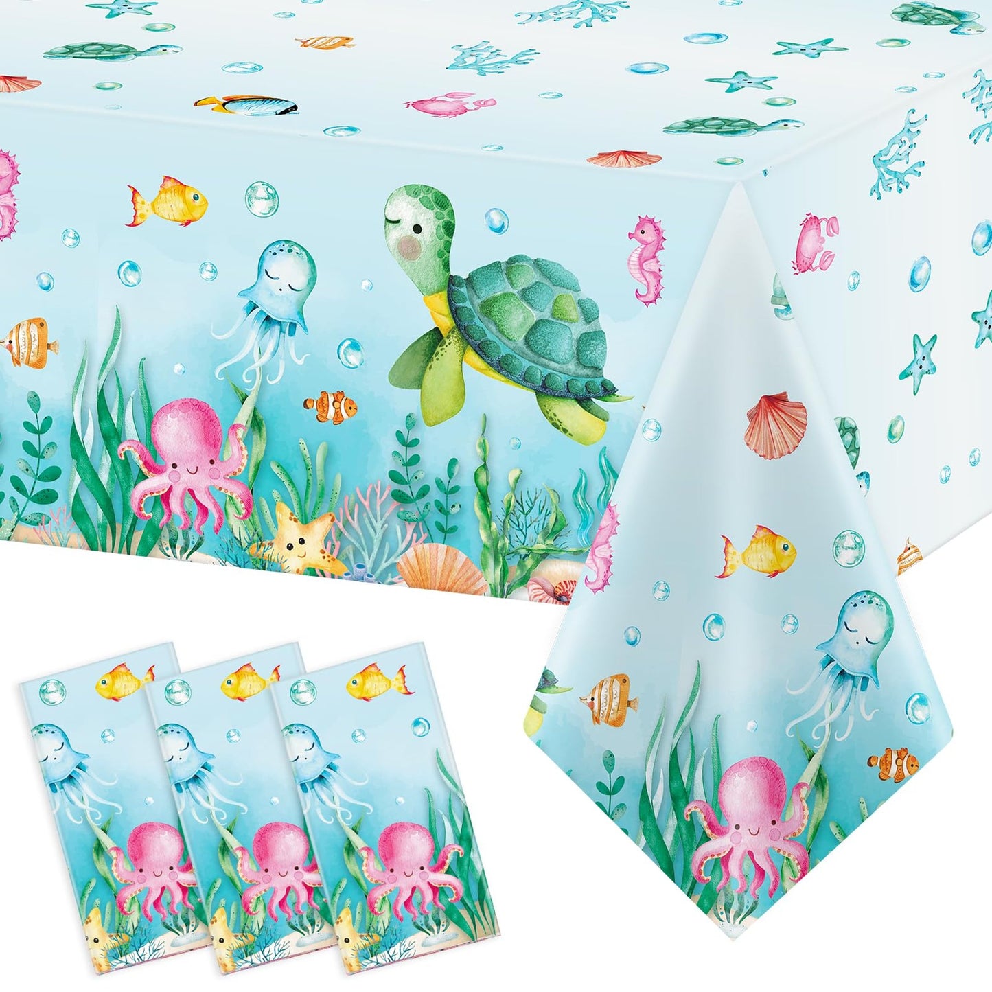 Ocean Turtle Party Table Covers - Set of 3 Disposable Plastic Tablecloths for Sea Turtle Birthday Party, Baby Shower Decorations. 108 x 54 Inch.