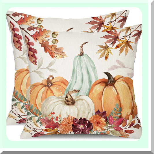 Autumn Harvest Pillow Covers Set - 20x20 Inch Orange White Pumpkin & Fallen Leaves Decorative Throw Pillow Covers for Fall Thanksgiving Farmhouse Decor