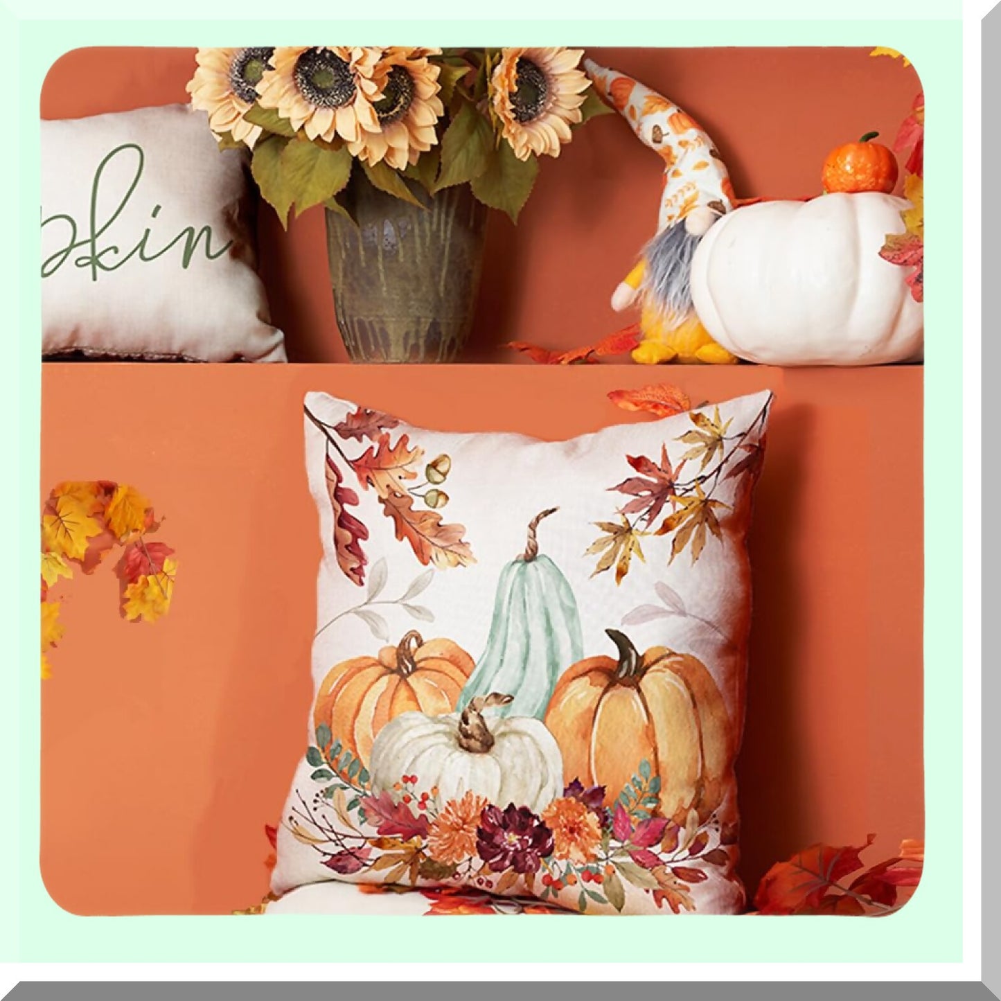 Autumn Harvest Pillow Covers Set - 20x20 Inch Orange White Pumpkin & Fallen Leaves Decorative Throw Pillow Covers for Fall Thanksgiving Farmhouse Decor