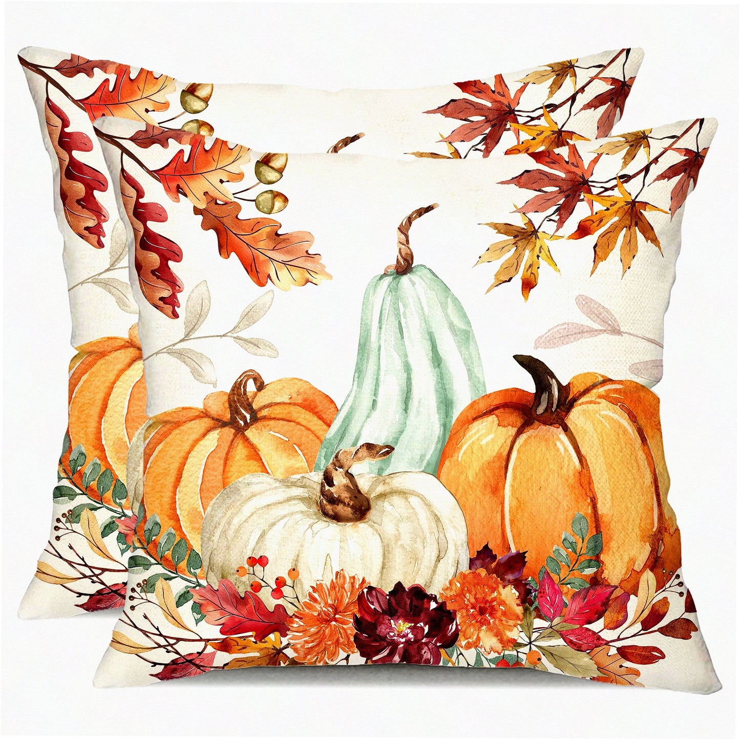 Autumn Harvest Pillow Covers Set - 20x20 Inch Orange White Pumpkin & Fallen Leaves Decorative Throw Pillow Covers for Fall Thanksgiving Farmhouse Decor