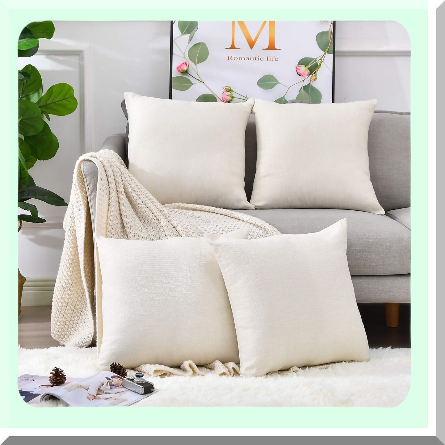 Beige Linen Farmhouse Pillow Covers - Set of 4 | Decorative Throw Cushion Cases for Sublimation | Blank Couch Bed Sofa 18x18