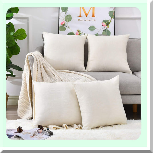 Beige Linen Farmhouse Pillow Covers - Set of 4 | Decorative Throw Cushion Cases for Sublimation | Blank Couch Bed Sofa 18x18