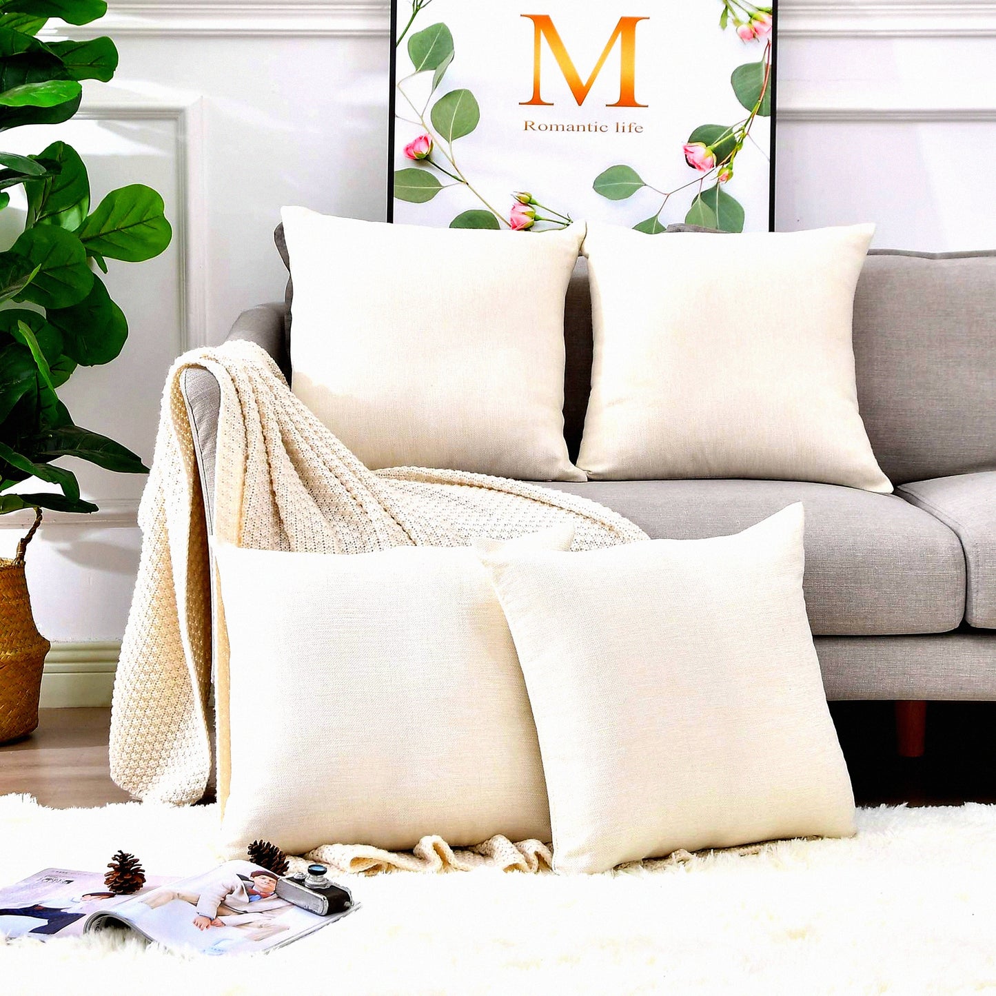 Beige Linen Farmhouse Pillow Covers - Set of 4 | Decorative Throw Cushion Cases for Sublimation | Blank Couch Bed Sofa 18x18