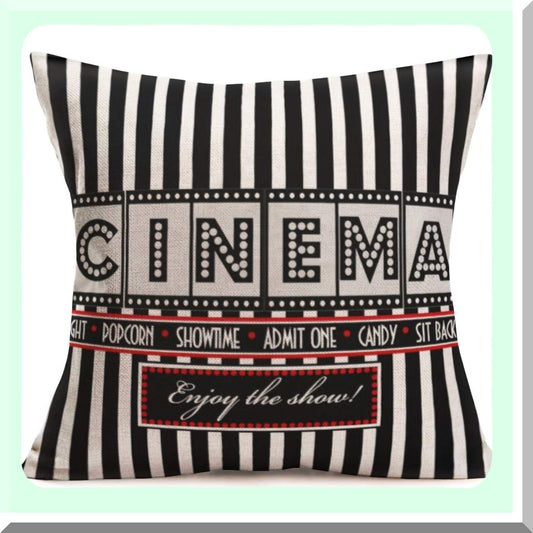 Retro Cinema Pillowcase Set - Vintage Movie Theater Design Cushion Covers - Old Fashioned Icons Decorative Pillowcases - 18x18 Inch Cotton Linen