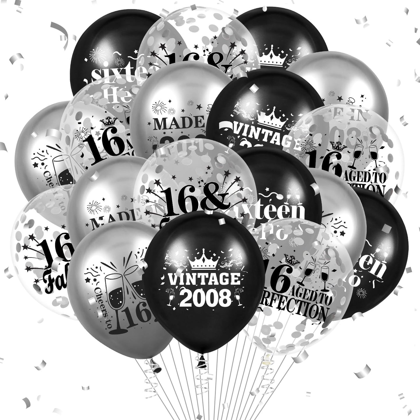 16th Birthday Balloons Decorations Set with Silver and Black Latex Confetti