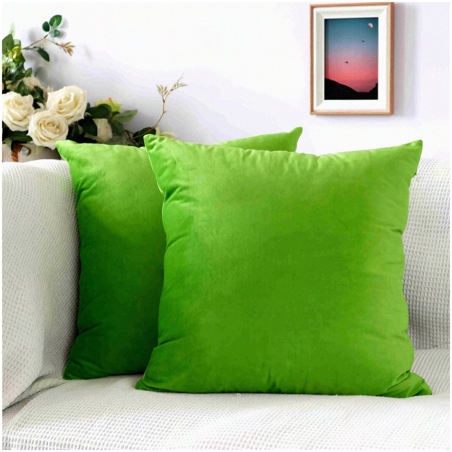 Green Velvet Luxe Pillow Covers - Set of 2 | Soft Square 18x18 Inches | Sofa & Couch Decor | Living Room Home Accessories | Solid Color Theme
