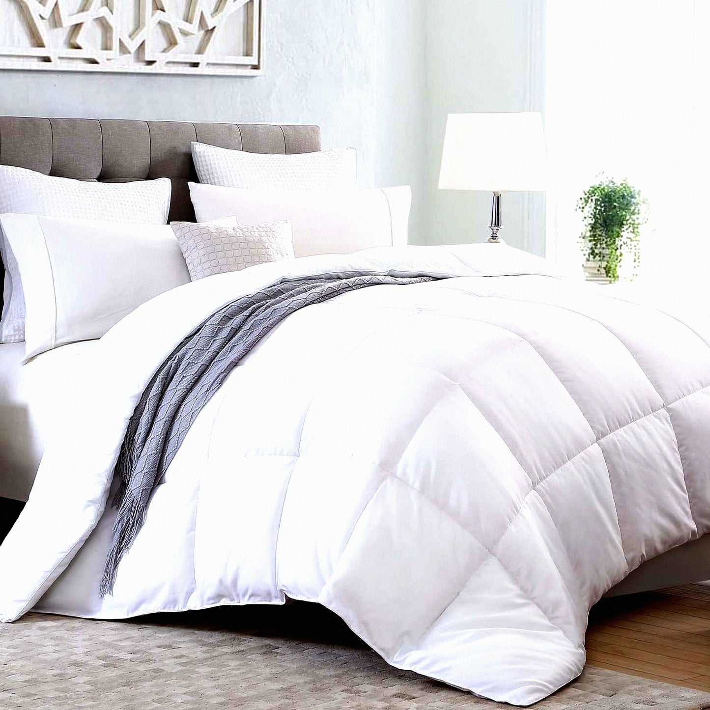 All Season Ultra Soft White Comforter - Quilted Down Alternative Duvet Insert with Corner Tabs, Breathable Box Stitch Queen Size 90x90