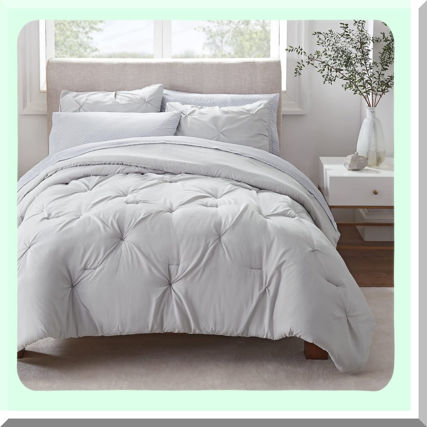 UltraLight Pleated Bedding Set - 7 Piece All Season Full Size Bed in a Bag - Simply Clean Grey Design - Lightweight and Cozy for a Restful Sleep